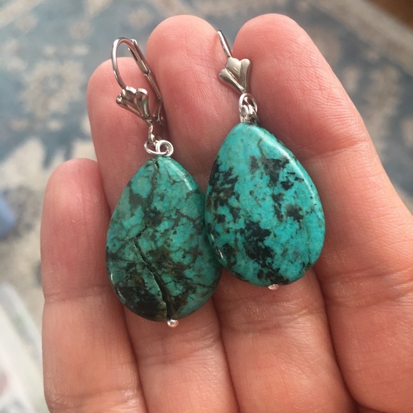Natural chrysocolla silver tone drop earrings - Picture 6 of 7